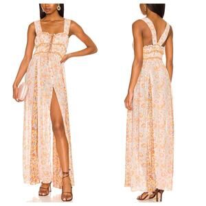 NEW Free People Dance with Me Maxi Dress L Floral Sheer Button Front Strap Boho